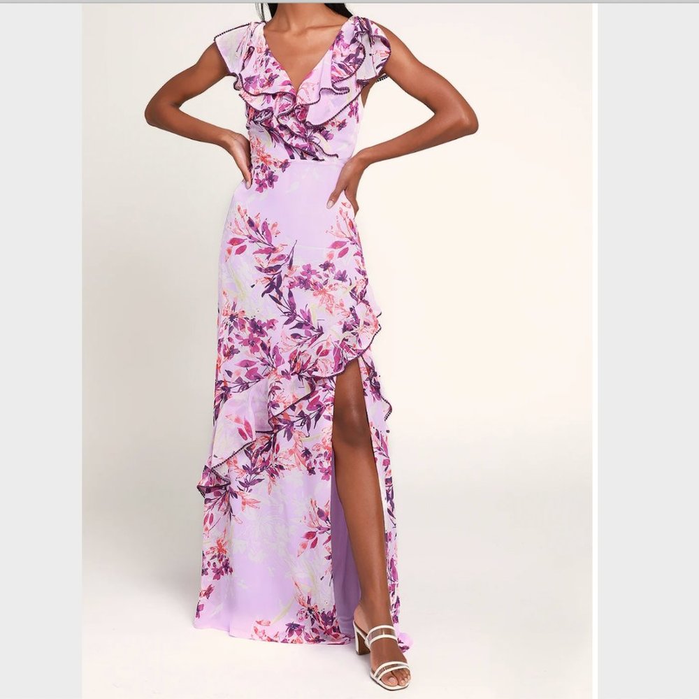 Lulus Sammi Ruffled Lavandar Floral Maxi Dress, Medium